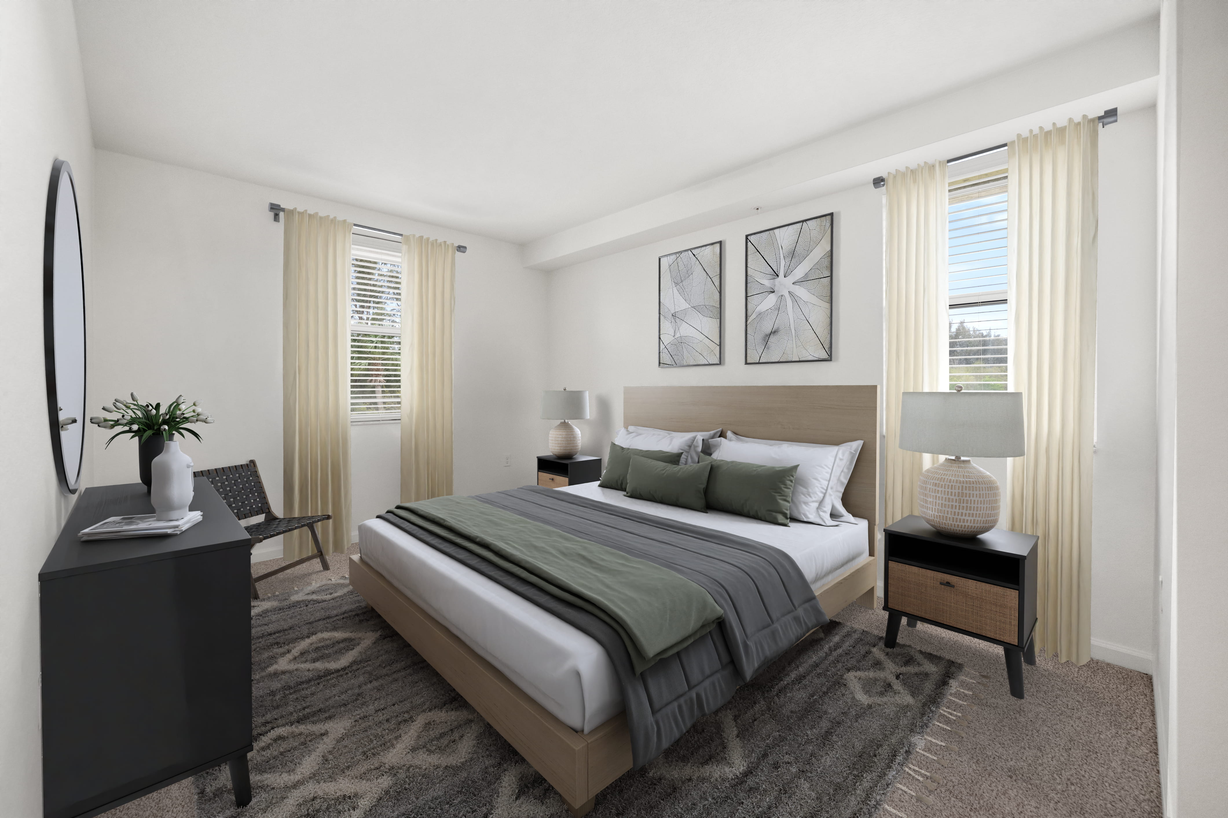 A bedroom with a large bed, a side table with a lamp, and a dresser with a mirror.